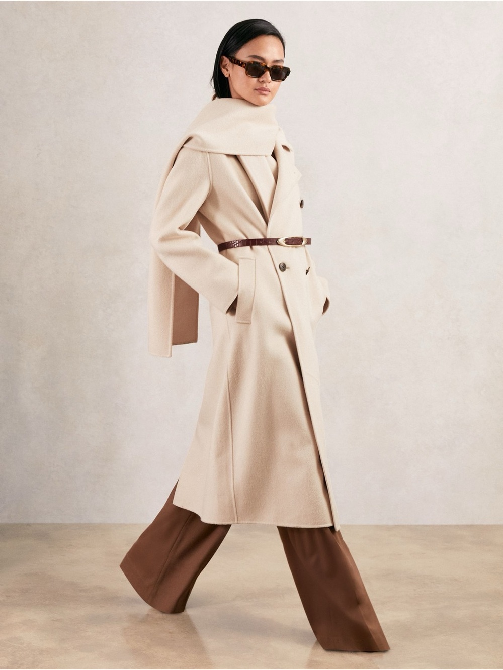 Reiss Indira Wool-Blend Scarf Blindseam Coat Cream Size 8 NWOT